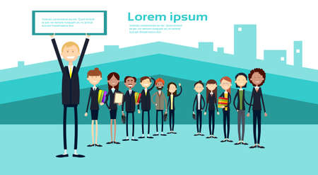 Ethnic Business People Group Full Length Mix Race Businessman And Businesswoman Team Flat Vector Illustrationのイラスト素材