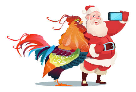 Cartoon Rooster And Santa Clause Making Selfie Photo On Smart Phone Happy 2017 New Year Flat Vector Illustrationのイラスト素材