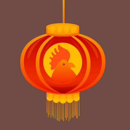 Happy New 2017 Year Rooster Bird Chinese Lantern Asian Horoscope Flat Vector Illustrationのイラスト素材