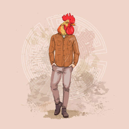 Cartoon Rooster Hipster Wearing Jeans Over Chinese Traditional Background Happy 2017 New Year Symbol Vector Illustrationのイラスト素材