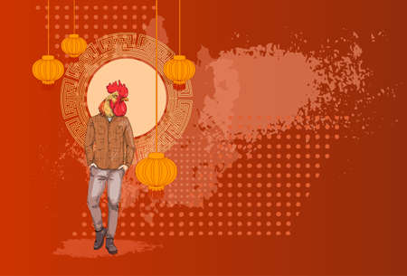 Cartoon Rooster Hipster Wearing Jeans Over Chinese Traditional Background Happy 2017 New Year Symbol Vector Illustrationのイラスト素材