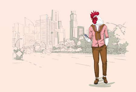 Cartoon Rooster Hipster Using Cell Phone Chatting Over Modent City Skyscraper Traditional Asian 2017 New Year Symbol Vector Illustrationのイラスト素材