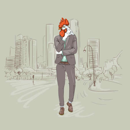 Cartoon Rooster Hipster Wearing Business Suit Over Modent City Skyscraper Traditional Asian 2017 New Year Symbol Vector Illustrationのイラスト素材