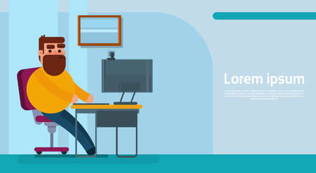 Business Man Sitting Desk Office Working Place Computer Workplace Flat Vector Illustrationのイラスト素材