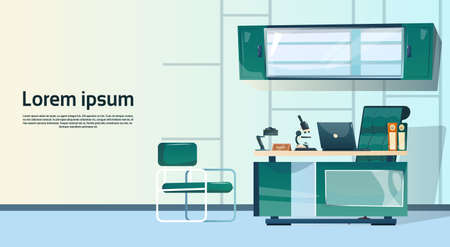 Empty Workplace, Desk Chair Computer Workspace Office No People Flat Vector Illustrationのイラスト素材