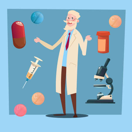 Medical Doctor Senior Man Practitioner Pharmacist Flat Vector Illustrationのイラスト素材