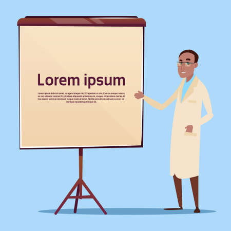 Medical Doctor African American Man Practitioner Point To Empty Board Flat Vector Illustrationのイラスト素材