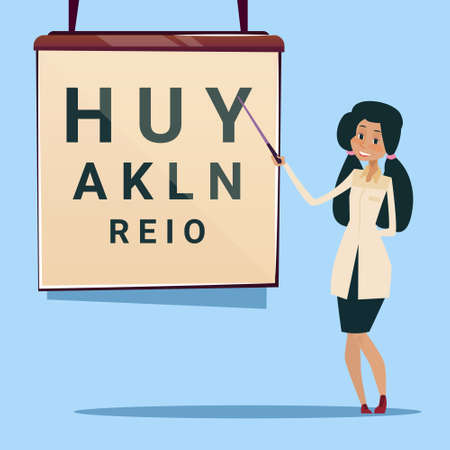 Medical Doctor African American Woman Oculist Ophthalmologist Point Examination Table Visual Acuity Hospital Flat Vector Illustrationのイラスト素材