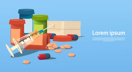 Medical Pills Tablets Bottle Health Care Flat Vector Illustrationのイラスト素材