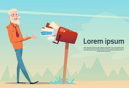 Senior Man Getting Letter From Full Mail Box Post Service Flat Vector Illustrationのイラスト素材