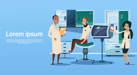 Medical Doctor Team Examinig Patient Clinic Interior Workplace Hospital Medicine Care Flat Vector Illustrationのイラスト素材