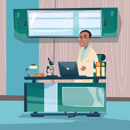 Doctor Professor Office Clinic Interior Workplace Hospital Medicine Care Flat Vector Illustrationのイラスト素材