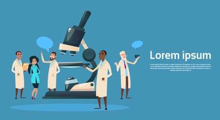 Group Medial Doctors Team Scientist Working Microscope Research Chemical Laboratory Flat Vector Illustrationのイラスト素材