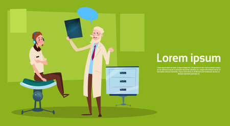 Medical Doctor Examinig Patient Clinic Interior Workplace Hospital Medicine Care Flat Vector Illustrationのイラスト素材