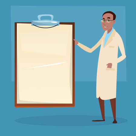 Medical Doctor African American Man Practitioner Point To Empty Board Flat Vector Illustrationのイラスト素材