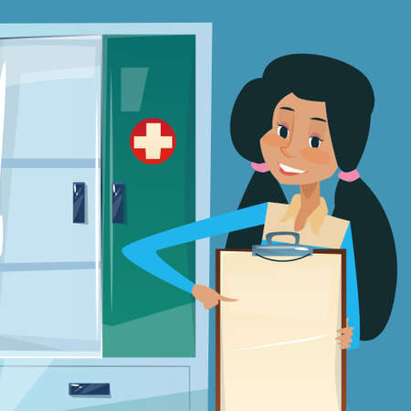 Medical Doctor African American Woman Practitioner Point To Empty Board Flat Vector Illustrationのイラスト素材