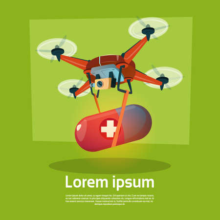 Drone With Pill Medicines Delivery Medical Care Flat Vector Illustrationのイラスト素材