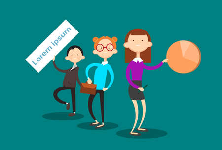 Business People Group With White Board, Signboard, Showing An Empty Copy Space Flat Vector Illustrationのイラスト素材