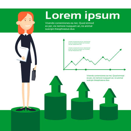 Business Woman Hold Paper Document Contract Financial Graph Arrow Up Background Flat Vector Illustrationのイラスト素材
