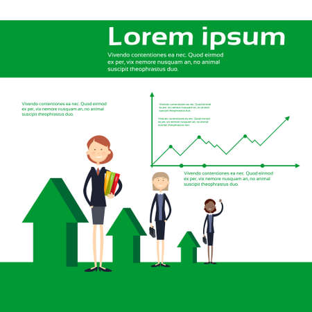 Business Woman Group Hold Paper Document Contract Financial Graph Arrow Up Background Flat Vector Illustrationのイラスト素材