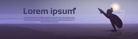 Girl Yoga Position Sport Fitness Woman Exercise Workout Silhouette In Moon Light Flat Vector Illustrationのイラスト素材