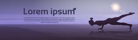 Girl Yoga Position Sport Fitness Woman Exercise Workout Silhouette In Moon Light Flat Vector Illustrationのイラスト素材