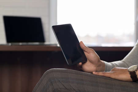Business Man Hand Hold Blank Black Cell Smart Phone Closeup Businessman Sitting In Coworking Center...