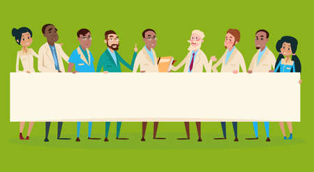 Group Medial Doctors Team Clinic Stuff Hospital Hold Banner Flat Vector Illustrationのイラスト素材