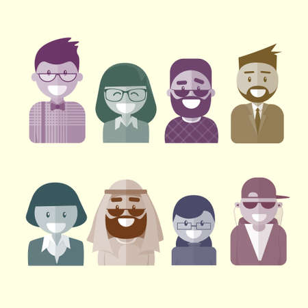 Profile Icon Male And Female Avatar, Woman Man Cartoon Portrait, Mix Race Person Silhouette Face Flat Vector Illustrationのイラスト素材