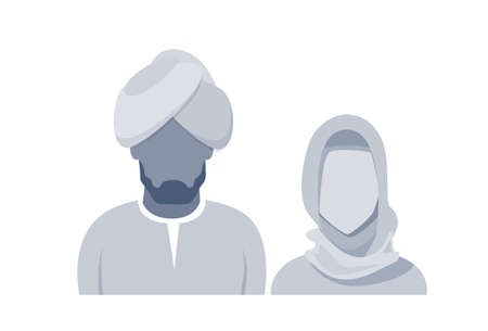 Arab Profile Icon Male And Female Avatar Man Woman, Muslim Cartoon Couple Portrait Silhouette Face Flat Vector Illustrationのイラスト素材