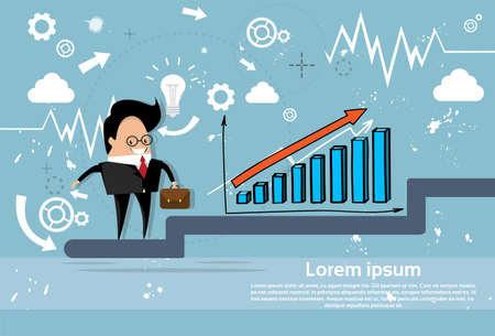 Businessman Climb Financial Bar Graph Business Man Growth Chart Flat Vector Illustrationのイラスト素材