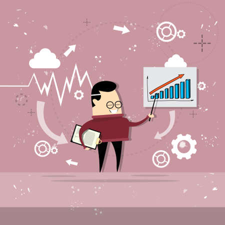 Asian Business Man Showing Finance Chart Graph Report Vector Illustrationのイラスト素材
