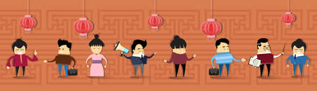 Asian Man Woman Asia People Group Cartoon Character Mix Race Flat Vector Illustrationのイラスト素材