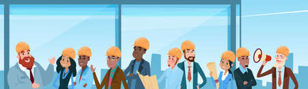 Builder Team Architect Mix Race Workers Flat Vector Illustration