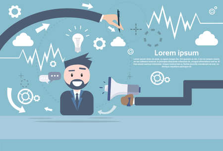 Businessman Hold Megaphone Digital Marketing Business Man Loudspeaker Flat Vector Illustrationのイラスト素材