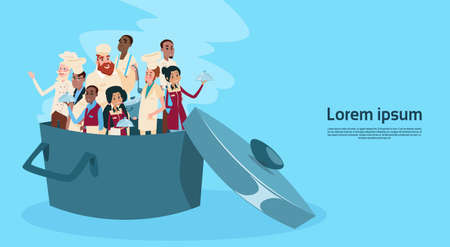 Restaurant Stuff Cook And Waiters In Saucepan Service Mix Race Group Banner Flat Vector Illustrationのイラスト素材