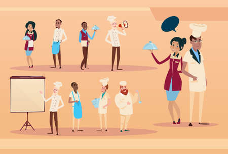 Restaurant Stuff Cook And Waiters Service Mix Race Group Banner Flat Vector Illustrationのイラスト素材