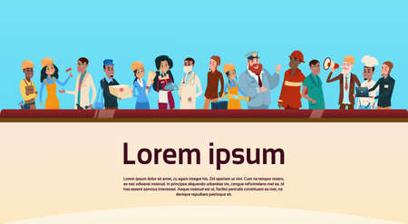 People Group Different Occupation Set, Employees Mix Race Workers Banner Flat Vector Illustrationのイラスト素材