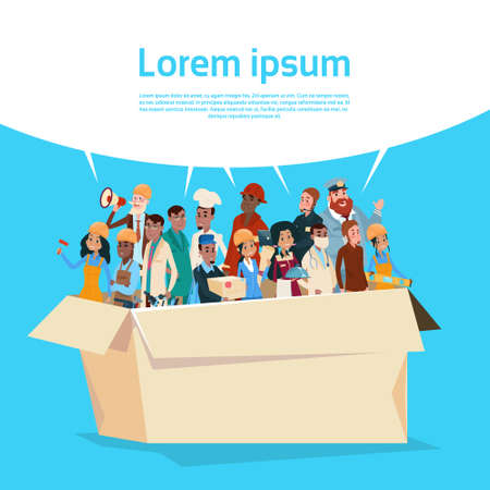 People Group Different Occupation Employees Mix Race Workers With Chat Bubble Network Communication Banner Flat Vector Illustrationのイラスト素材