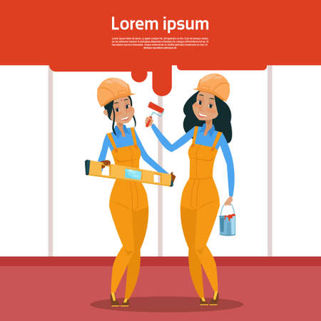 Builder Two Woman Construction Industry Worker Flat Vector Illustrationのイラスト素材