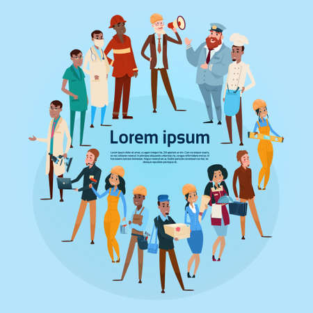 People Group Different Occupation Set, Employees Mix Race Workers Banner Flat Vector Illustrationのイラスト素材