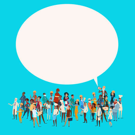 People Group Different Occupation Employees Mix Race Workers With Chat Bubble Network Communication Banner Flat Vector Illustrationのイラスト素材