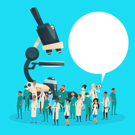 Group Medial Doctors Team Scientist Working Microscope Research Chemical Laboratory Flat Vector Illustrationのイラスト素材