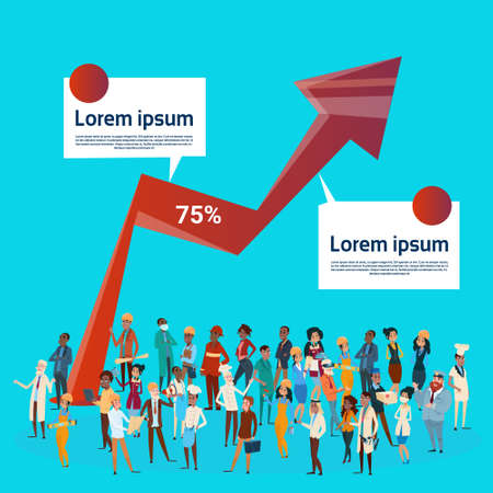 People Group Different Occupation Set, Employees Mix Race Workers Graph Background Flat Vector Illustrationのイラスト素材