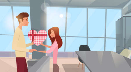 Valentine Day Holiday Couple Present Love Heart Shape Greeting Card Flat Vector Illustrationのイラスト素材