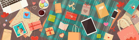 Valentine Day Gift Card Holiday Decorated Workspace Desk Copy Space Top Angle View Flat Vector Illustrationのイラスト素材