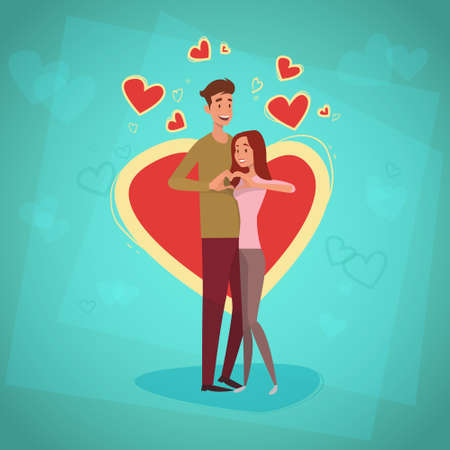 Valentine Day Holiday Couple Embrace Love Heart Shape Greeting Card Flat Vector Illustrationのイラスト素材