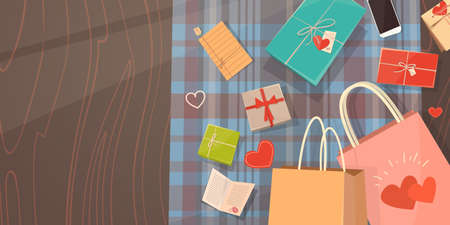 Valentine Day Gift Card Holiday Decorated Workspace Desk Copy Space Top Angle View Flat Vector Illustrationのイラスト素材