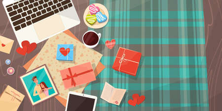 Valentine Day Gift Card Holiday Decorated Workspace Desk Copy Space Top Angle View Flat Vector Illustrationのイラスト素材