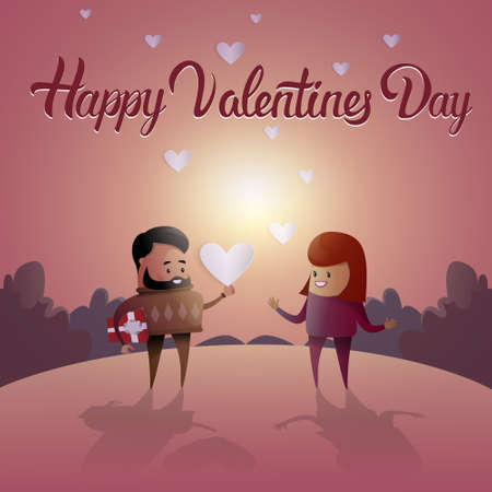 Valentine Day Holiday Couple Embrace Love Heart Shape Greeting Card Flat Vector Illustrationのイラスト素材
